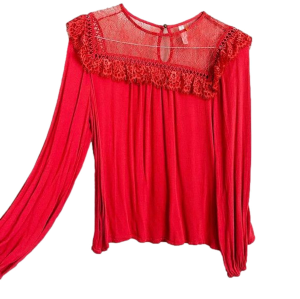 Red Long Sleeve Blouse with Lace Yoke and Flutter Shoulder
